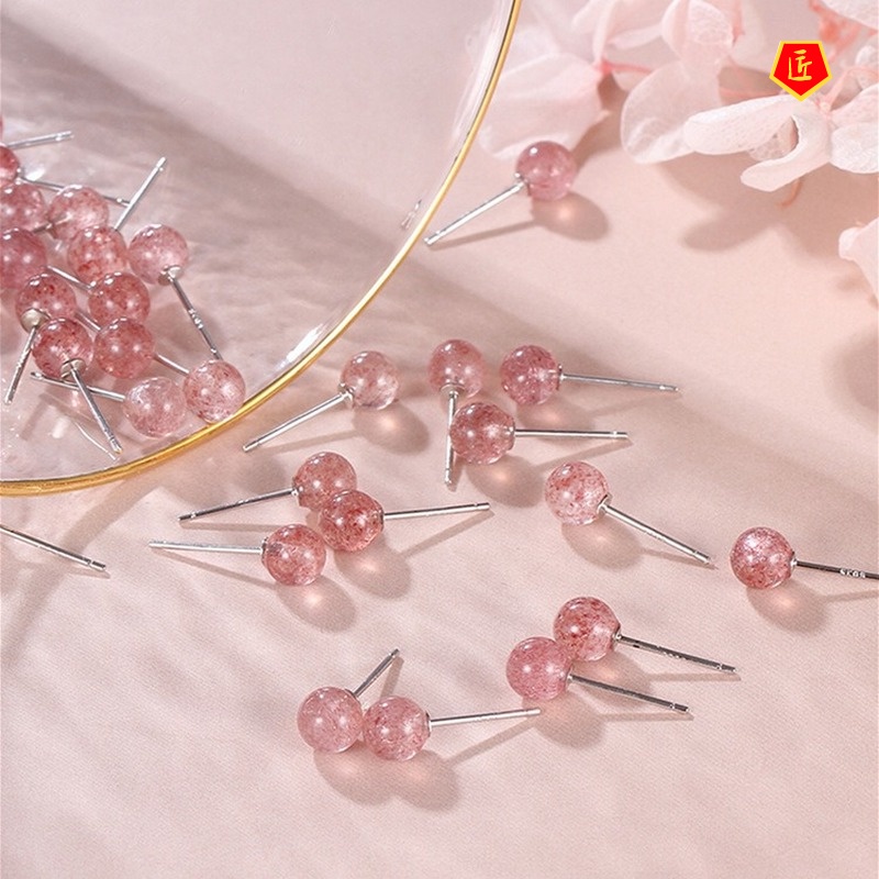 [Ready Stock]S925 Silver Strawberry Quartz Ear Studs Women's Elegant Sweet