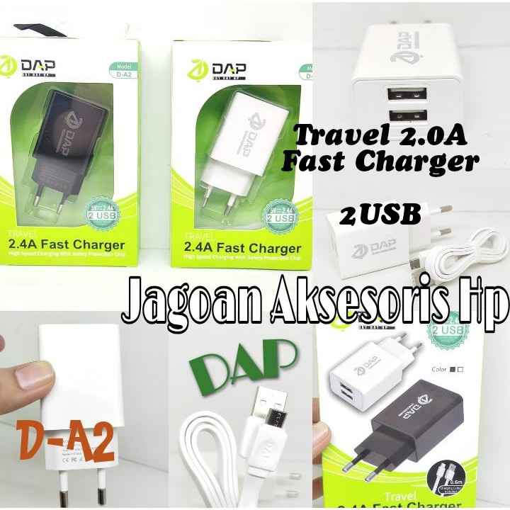 DAP D-A2 Travel Fast Charger 2 Port 2.4A 5V Include Data Cable Micro USB 60cm