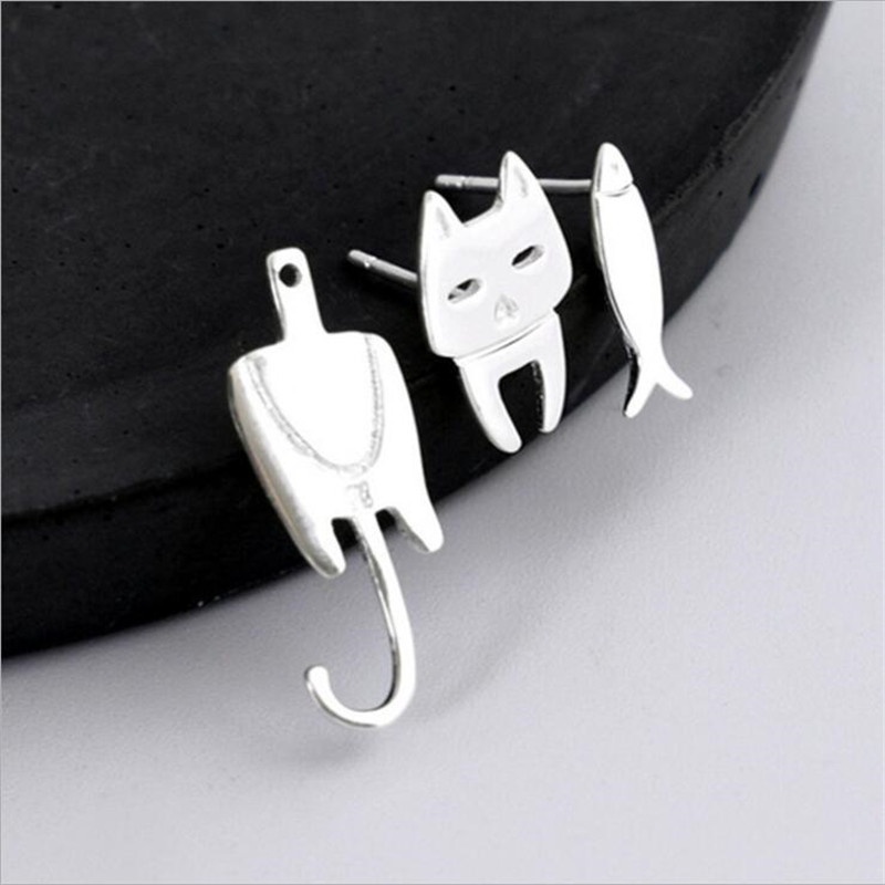 [Harga Grosir]Anting Tusuk Asimetris Desain Bunga / Kucing / Ikan Gaya Punk / Korea / Elegan Untuk Wanita/Hot Sale