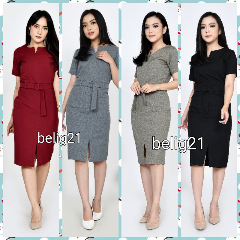 Dress Kerja Wanita Kantor lengan pendek Formal High Premium