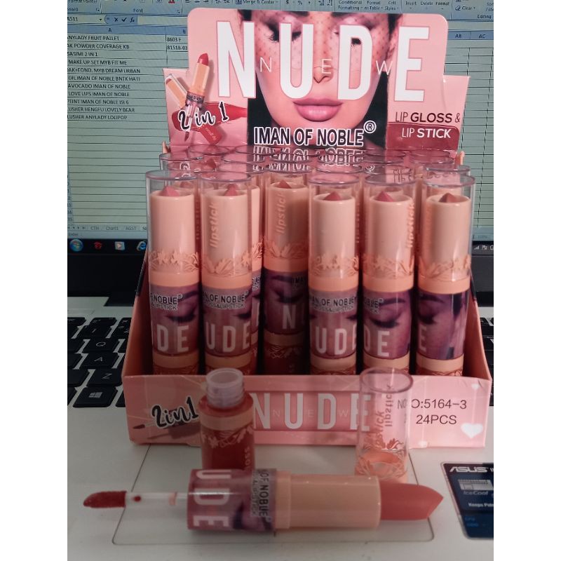 6PC!! LIP GLOSS &amp; LIPSTICK IMAN OF NOBLE NUDE 2IN1 NO.5164-3