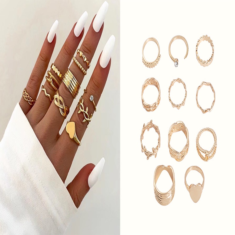 11pcs Personalized Fashion Love Leaf Vine Wave Joint Cincin Emas Set untuk Wanita