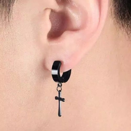 Anting Jepit Tindik Palsu Hitam model SALIB - 2pcs/sepasang