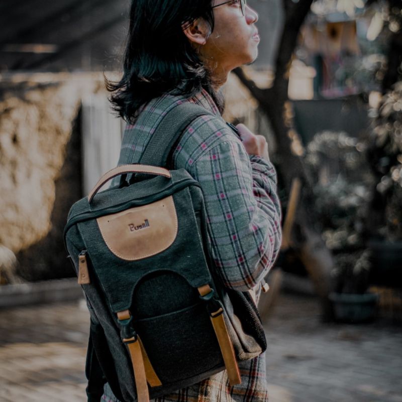 Tas Ransel Pria Pusiill/Tas Ransel Kombinasi Kulit Asli+Canvas/Ransel Kulit