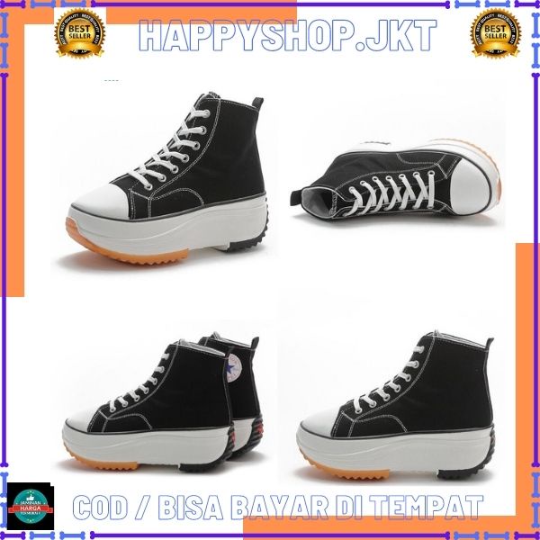 HS Sepatu Sneaker Kanvas Wanita Import Hak Tinggi Hitam Putih 232