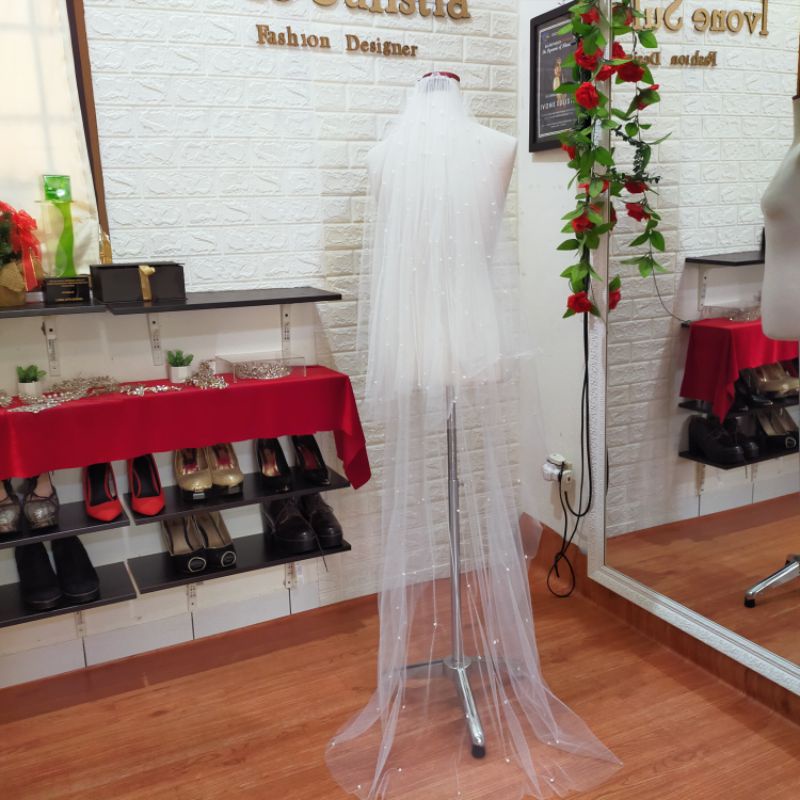 custom order full pearl floor length wedding veil kerudung pengantin slayer