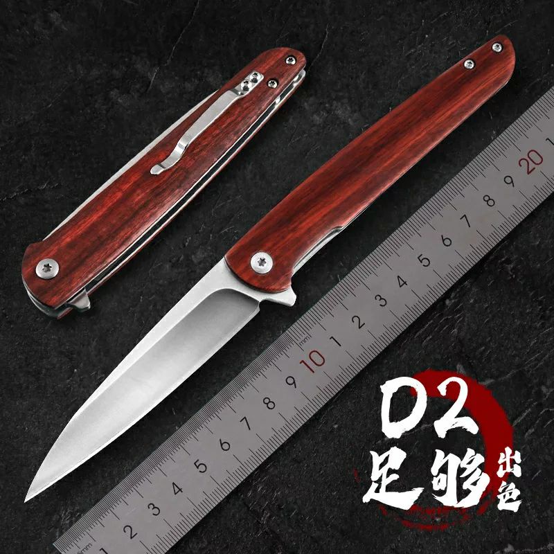 Pisau Lipat D2 gagang sandalwood Outdoor Folding Knife Bushcraft EDC