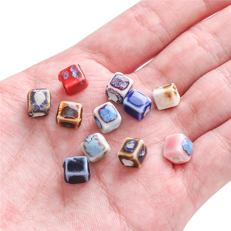 10 Pcs 7 Mm Bentuk Persegi Bunga Glasir Keramik Porselen Manik-manik Kecil untuk Membuat Perhiasan Aksesoris DIY Gelang Kalung Anting-Anting