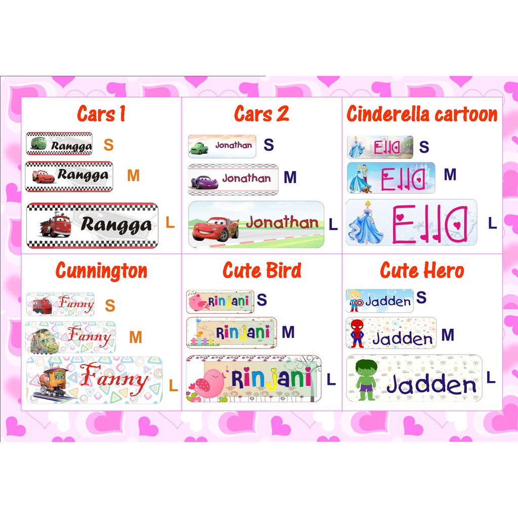 

STIKER STICKER LABEL NAMA WATERPROOF BASIC: CARS , CINDERELLA , CUNNINGTON , CUTE BIRD , CUTE HERO