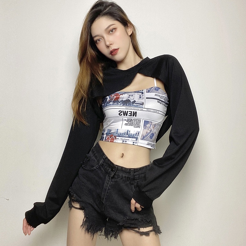 #Sisjuly # Amerika Street Retro Hip-hop Bi-ready Tidak Beraturan Lengan Panjang T-shirt Suspender Top