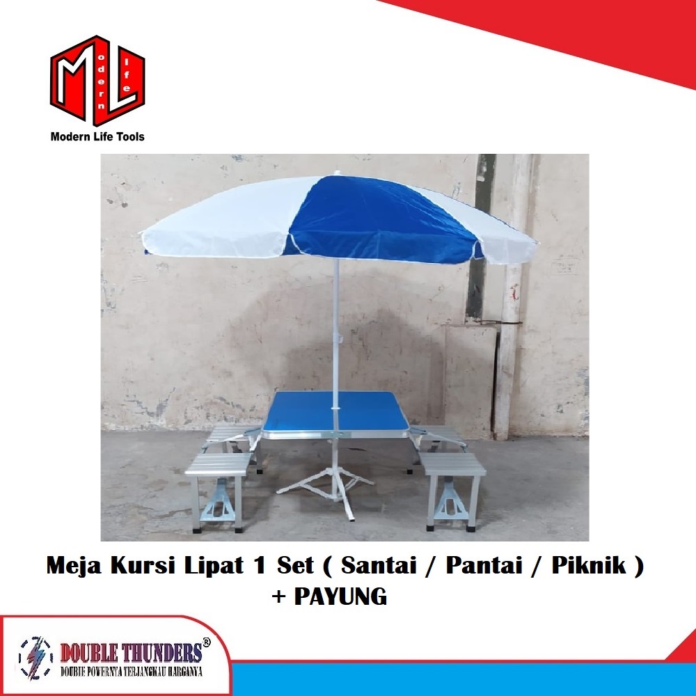 Meja Kursi 1 Set + Koper + Lipat + Payung ( Taman / Pantai / Piknik / Cafe / Santai )