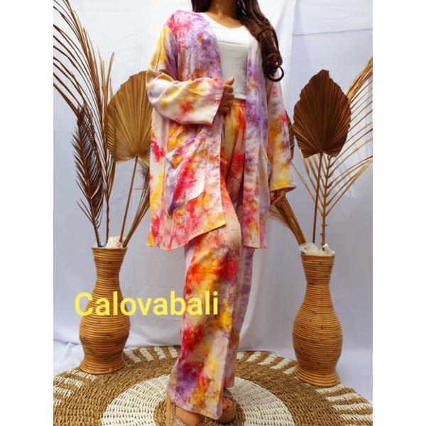 Setelan Long Cardigan Lengan Panjang Tie Dye Bali Premium