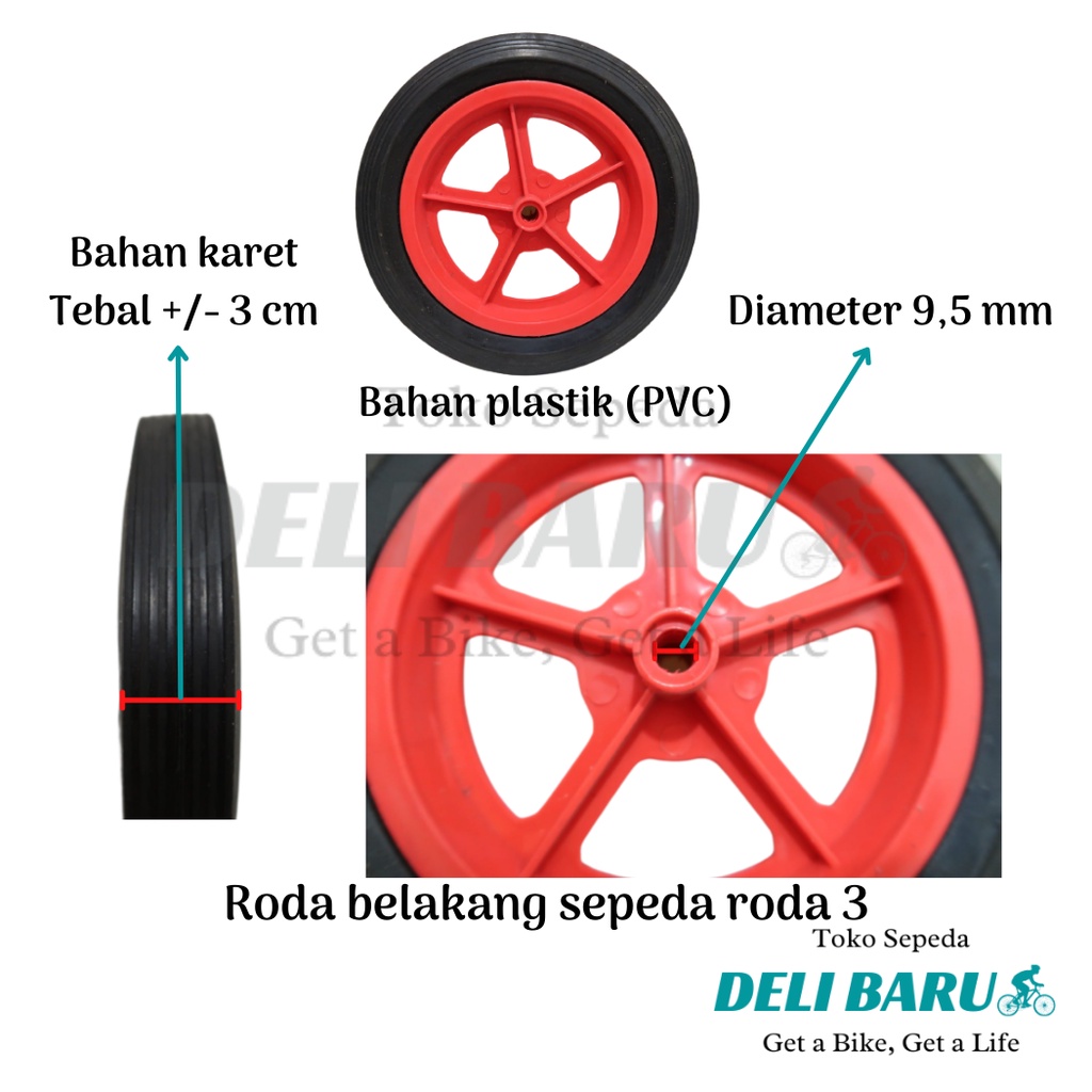 Ban belakang warna dan pelek sepeda anak roda tiga merk PMB roda 3 sepeda sincan