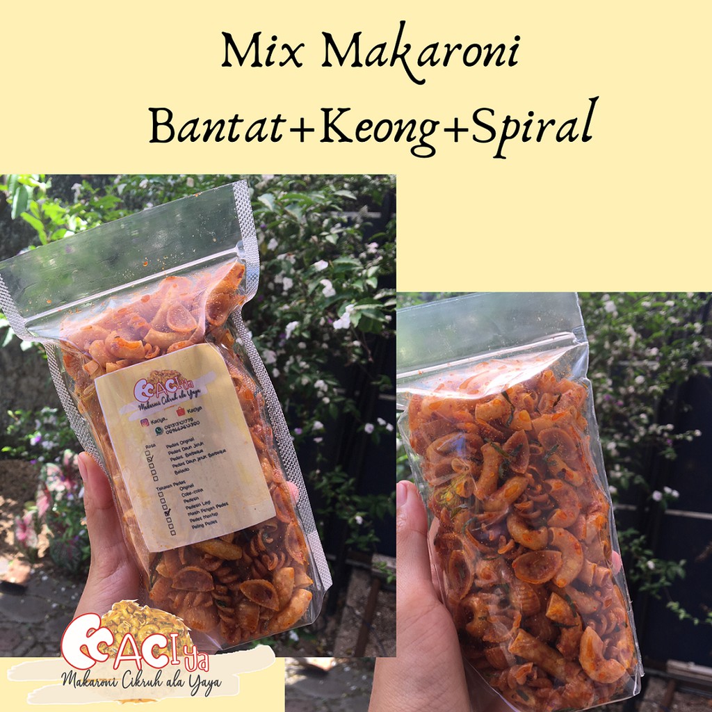 

Makaroni Cikruh(Kaciya) Makaroni Mix Bantat+Keong+Spiral 100gr aneka rasa dan takaran pedas custom