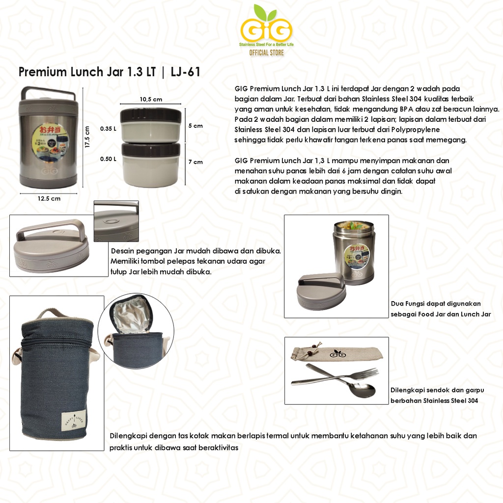 Castle - GIG Premium Lunch Jar 1,3lt LJ-61 / Rantang Susun / Tempat Makan / Stainless Steel / Food Jar