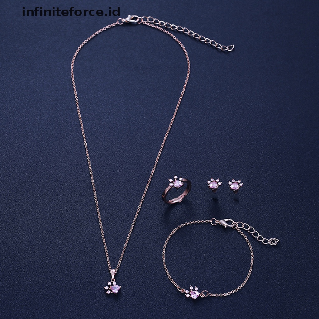 Infiniteforce.id 4pcs / Set Kalung + Gelang + Cincin + Anting Tusuk Motif Telapak Kaki Anjing Aksen Kristal Untuk Wanita