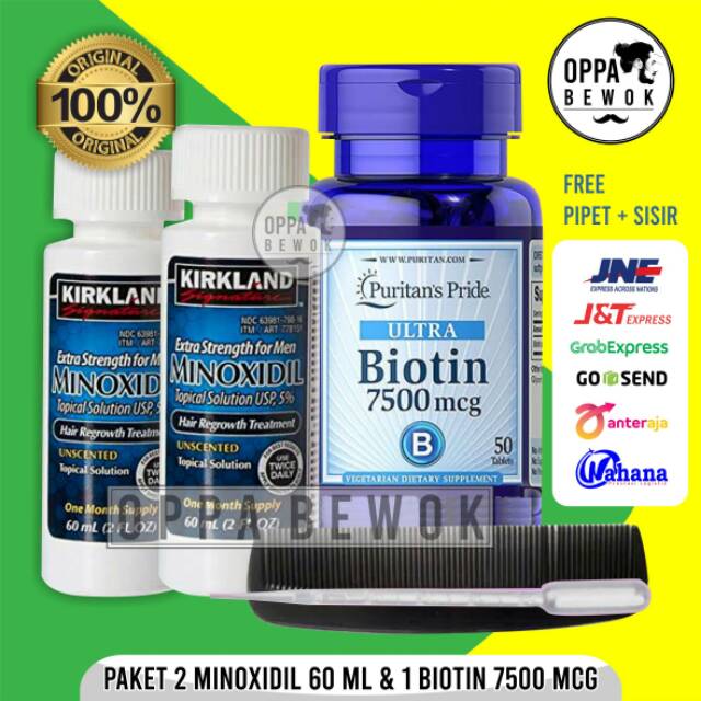 PAKET HEMAT 2 BULAN MINOXIDIL BIOTIN 7500 mcg ORIGINAL 100% TERBARU FREE PIPET