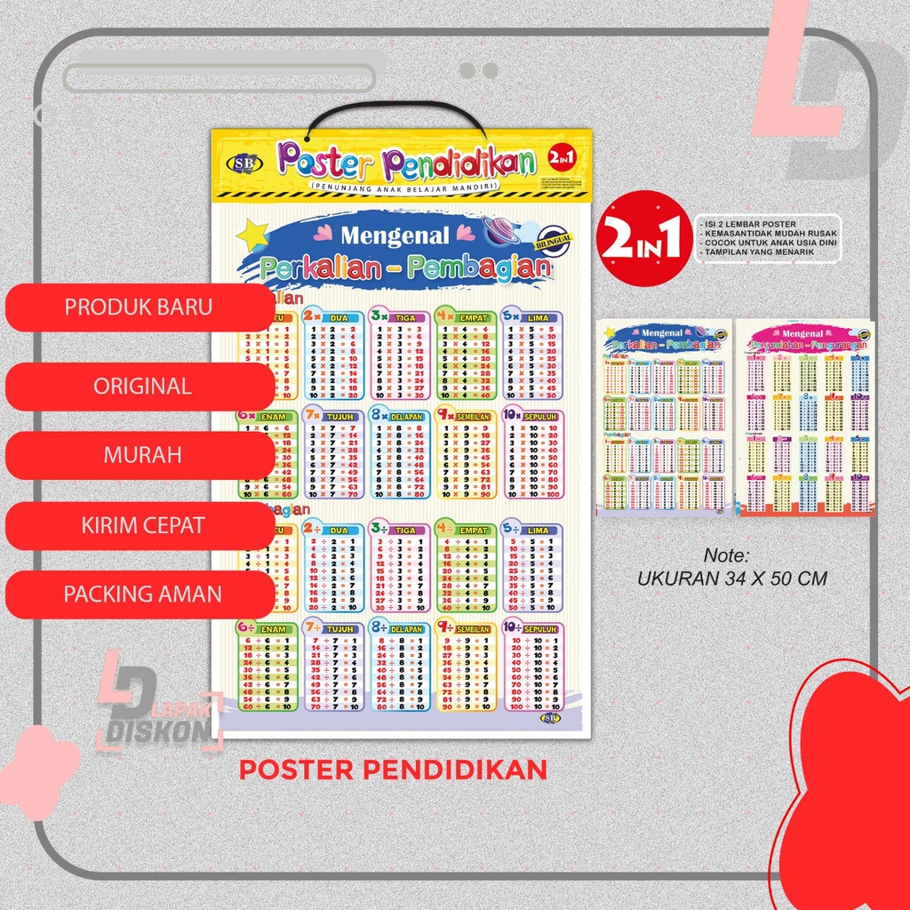 

POSTER Edukasi 2 in 1 PENJUMLAHAN - PENGURANGAN & PERKALIAN - PEMBAGIAN