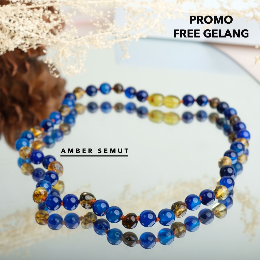 FREE GELANG - Kalung Amber Baltic Green Glossy X Blue Ocean by AMBER SEMUT