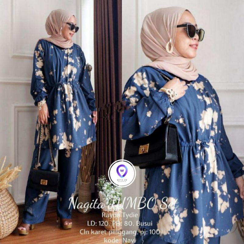 Setelan One Set Tie Dye Lengan Panjang Nagita Set Jumbo / Baju Daster Wanita Jumbo Motif Serut Murah-One Set TD Navy