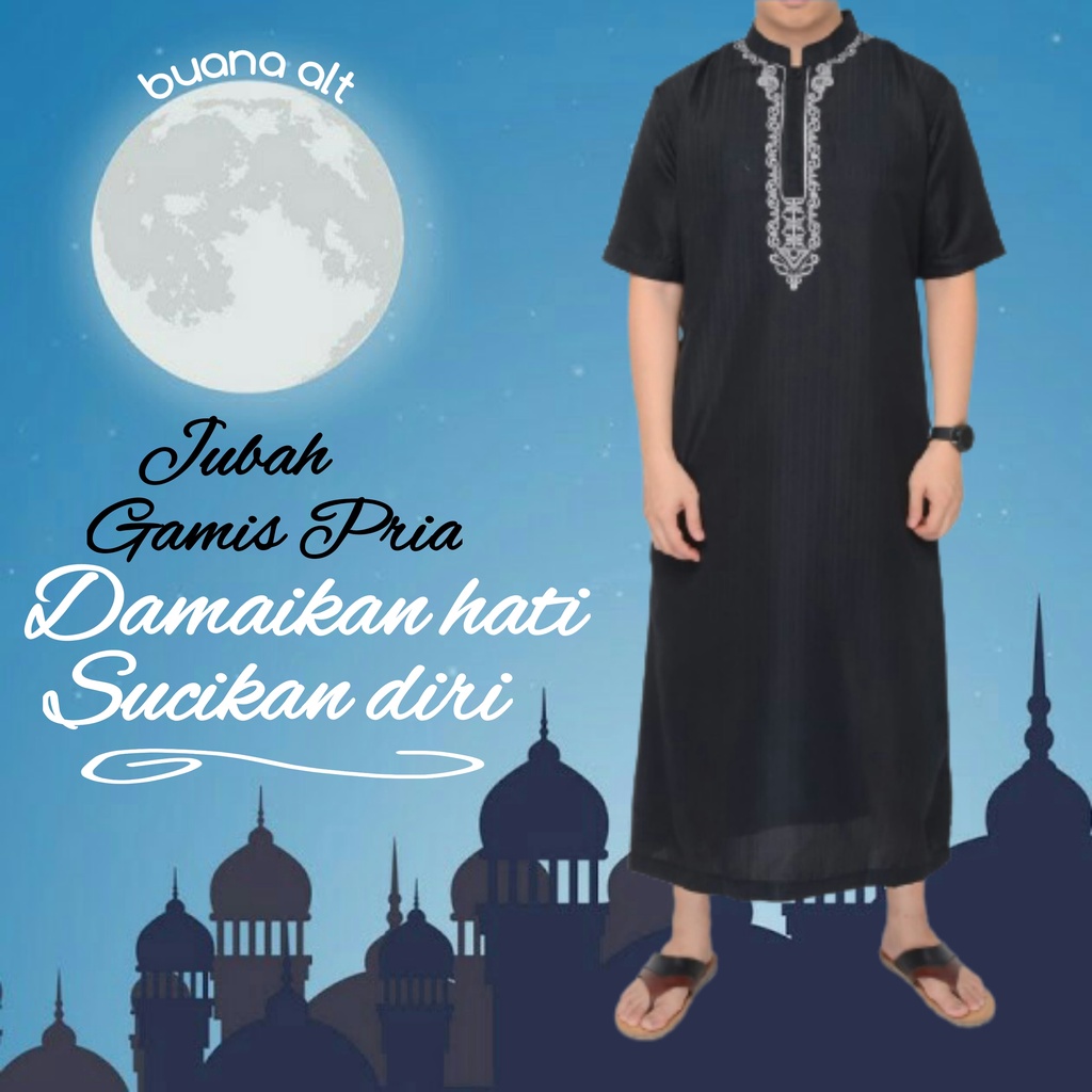 Jubah Gamis Pria Baju Gamis Pria Dewasa Hitam Lengan Pendek Bordir