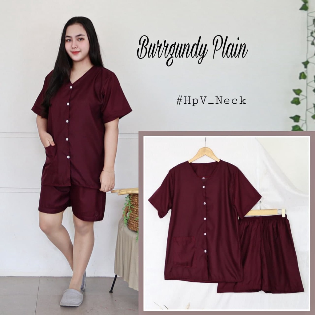 IZANY Piyama Dewasa Hotpant V Neck all size  / HP Celana Pendek  PLAIN Polos-BURGUNDY PLAIN