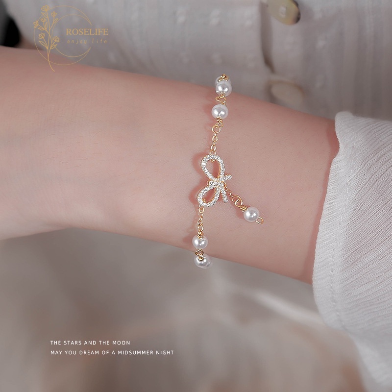 Roselife Gelang Tangan Wanita Desain Pita Hias Kristal Mutiara Gaya Korea Untuk Hadiah