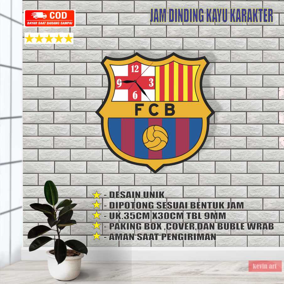 JAM DINDING KAYU UNIK MURAH ARTISTIK VINTAGE KARAKTER GAMBAR LOGO BARCELONA