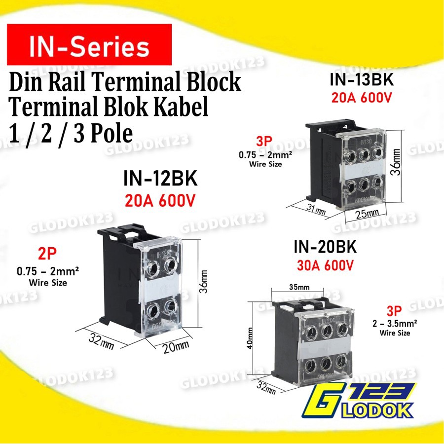 Terminal Block Blok Din Rail 600V IN-12BK 13SBK/BK 20BK 30BK 60BK 411S