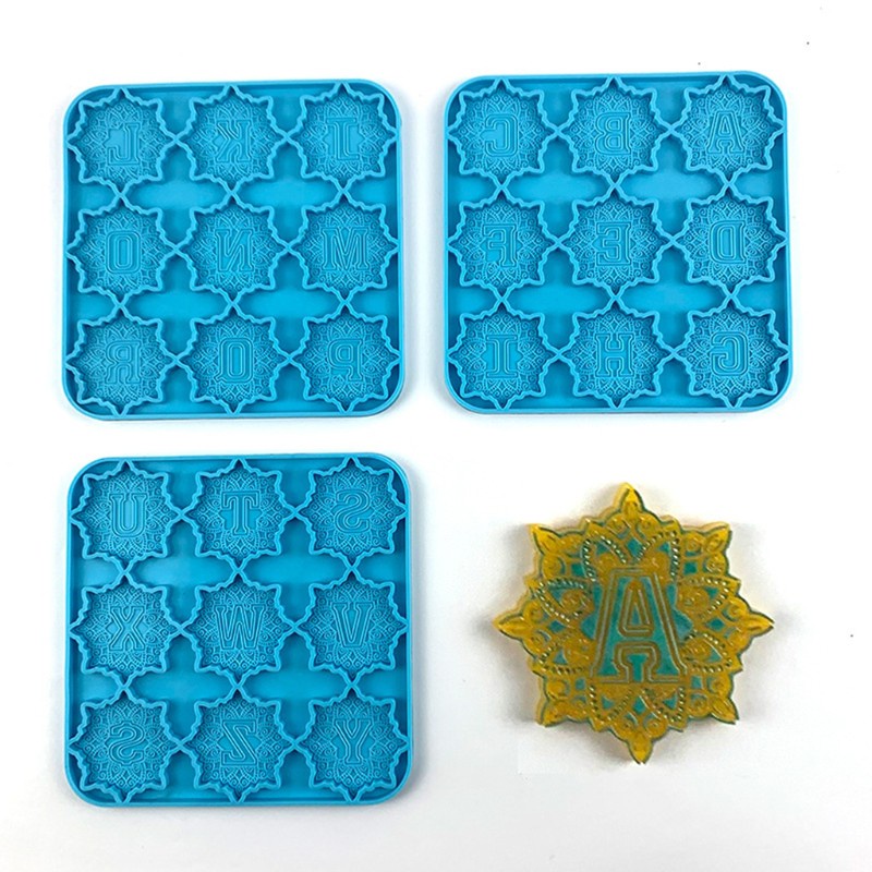 Glitter 3 Pcs Mandala Alphabet Epoxy Resin Mold 26 Letters Keychain Silicone Mould DIY Crafts Fridge Magnets Phone Grips Ornaments Brooch Pendants Decorations Casting Mold Tools