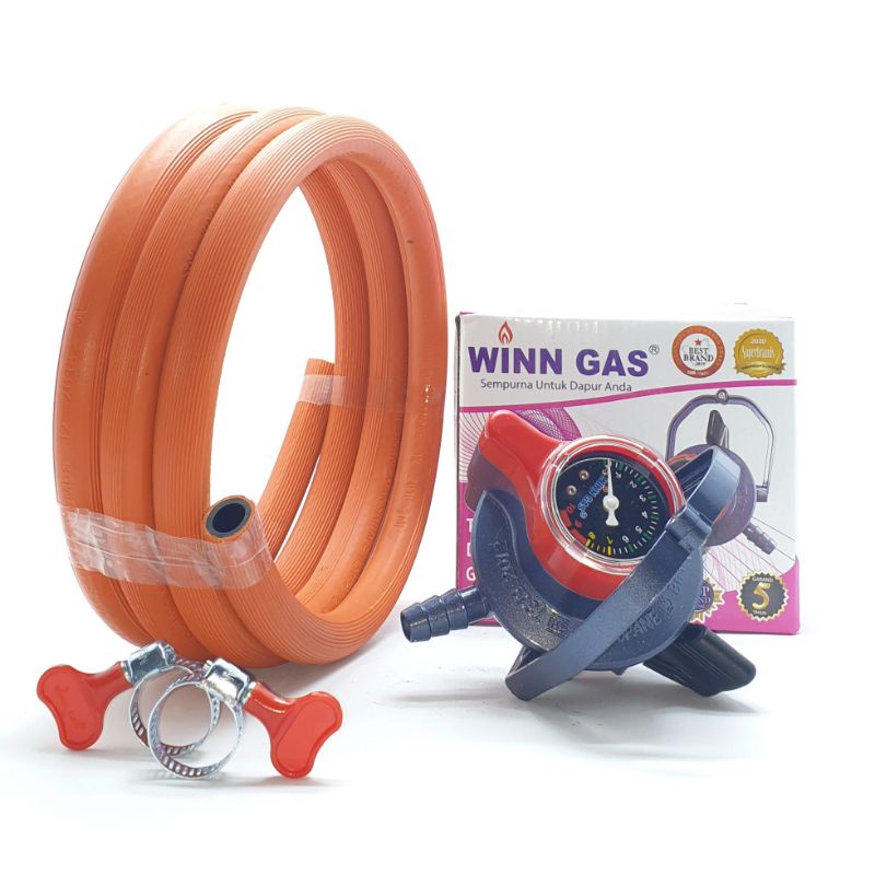 SET Winn Gas W-900M METER + Selang ORANGE 3 Lapis 2M + 2 Klem Kuping / Regulator Selang Kompor Gas