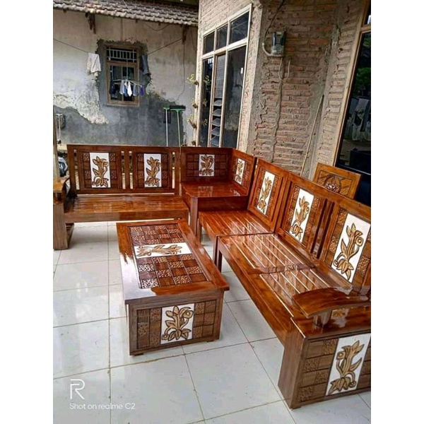 kursi tamu sudut kayu jati modern