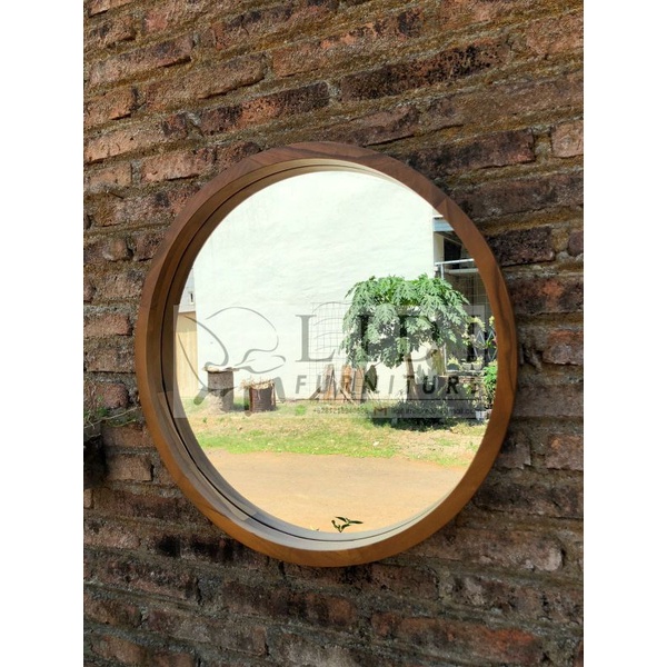 cermin bulat - cermin dinding - pigura bulat jati - round mirror