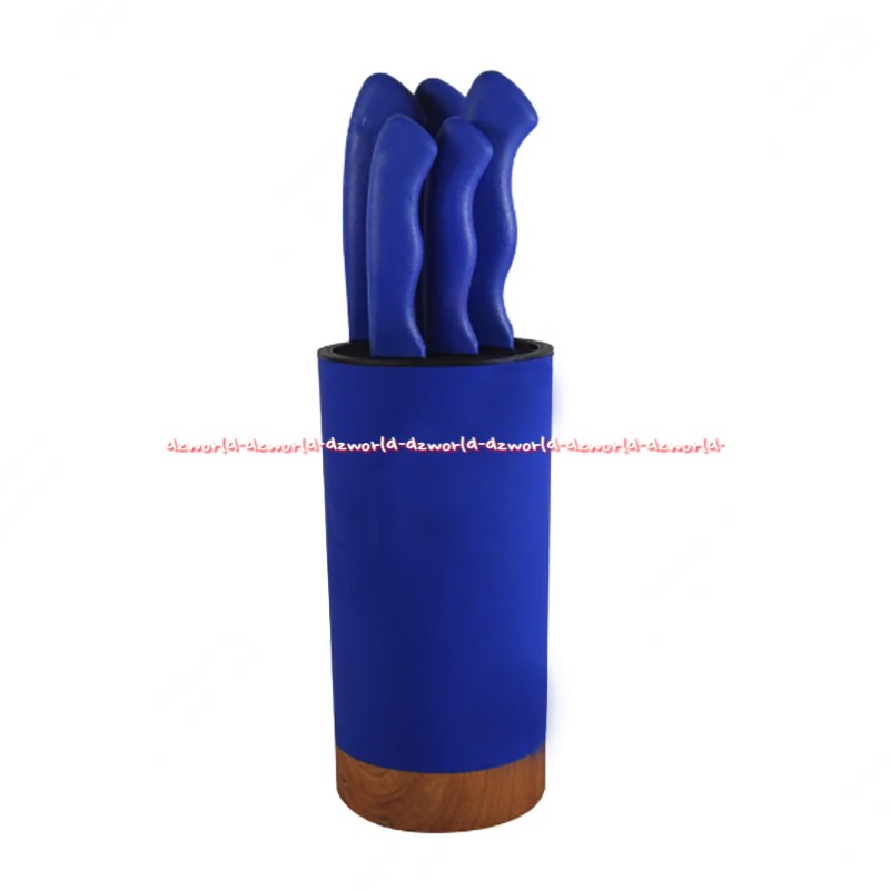 Krischef Blue Knife Set 5pcs Pisau Dapur Warna Biru 1set Dengan Tempat Box Bulat Blue Holder Kris Chef Blue Knifeset