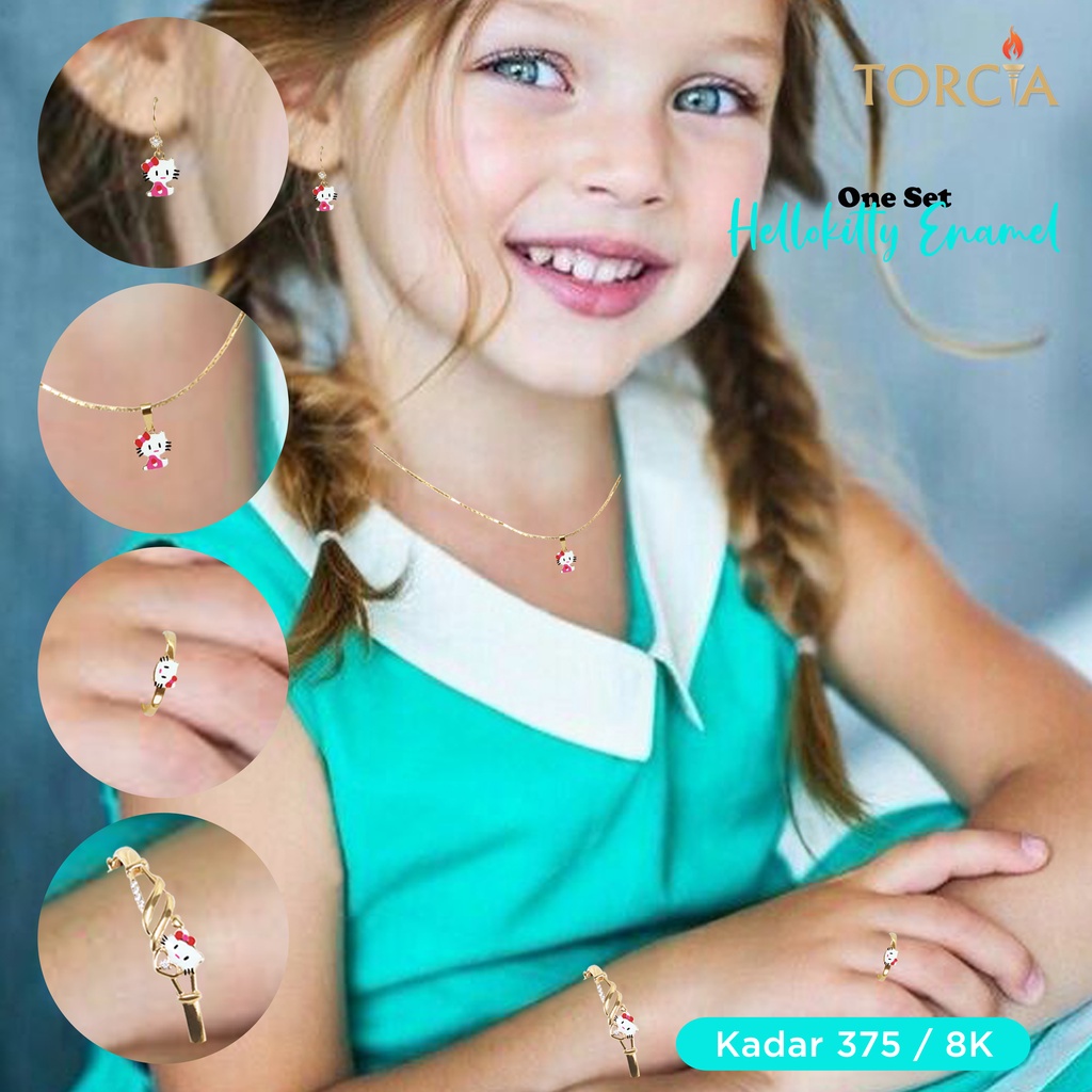 One Set Anak Emas Asli Kadar 375 Hello Kitty Enamel Torcia