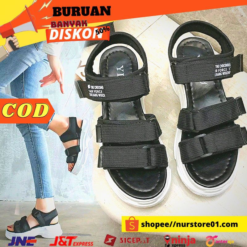 Sandal Gunung Wanita Triple Strap Hitam Putih Sol Tebal 4 Cm Fashion Korea Sendal Gunung fula A47