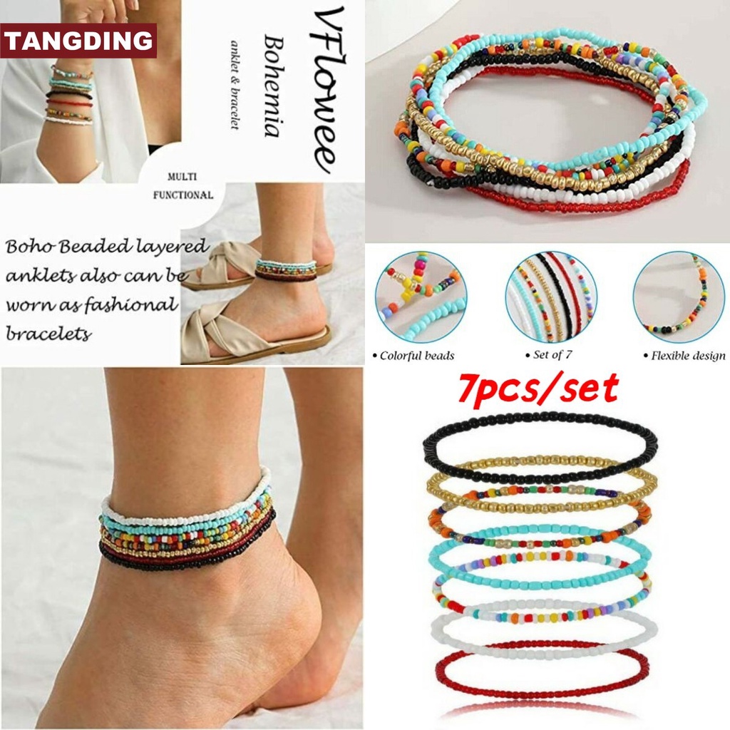 7pcs / set Gelang Kaki Rantai Manik-Manik Multilayer Gaya Boho Untuk Wanita