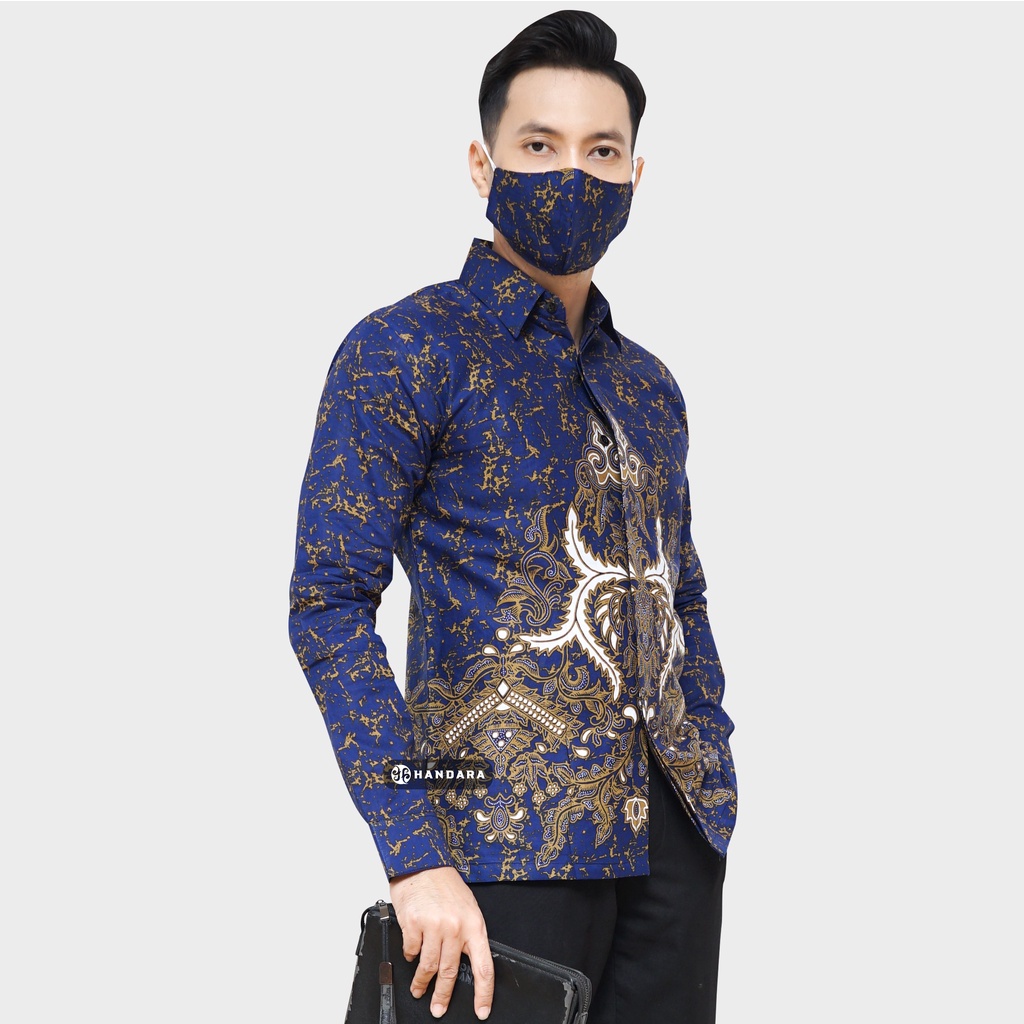 Baju Kemeja Batik Pria Lengan Panjang Slim Fit Premium Modern Full Furing Katun Halus Original Handara Motif Guruh Biru HB-110