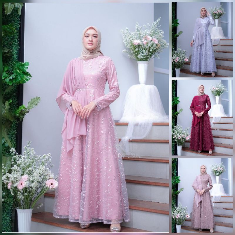 BATIK EXPRESS Baju Gamis Brukat Tile Remaja Dewasa Seragam Pesta Wanita Muslim - Size M L XL XXL Jumbo GAMIS Princess Tile PESTA Gamis Brukat Terbaru Gamis Anjela / GAUN BRIDESMAID TERBARU