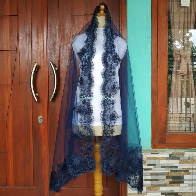 Ready Kerudung Pengantin / Veil Pengantin / Selendang Akad Slayer / Kerudung Akad / Wedding Veil-Biru Navy