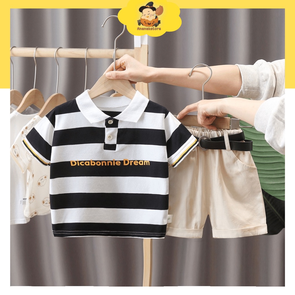 ANANAKSTORE- Setelan pendek Motif Salur Dream Hitam dan Abu/Baju baby impor premium korea 0-5 Tahun baju baby lucu Anak laki laki