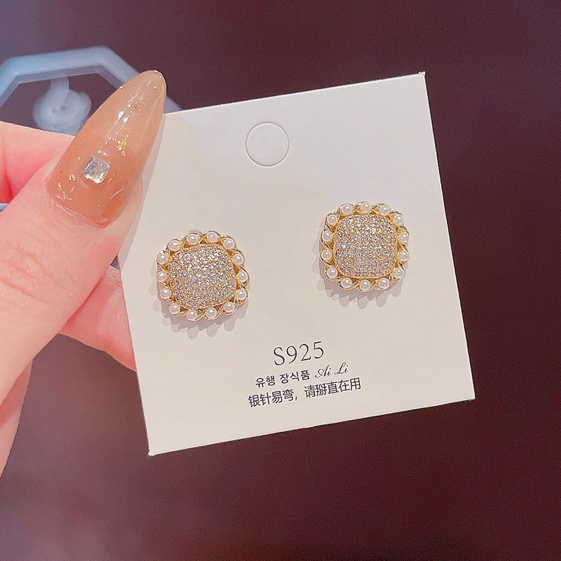 Shuling S925 Silver Needle Geometric Micro-inlaid Diamond Earrings Super Shining Stud Earrings Pearl Earrings Jewelry