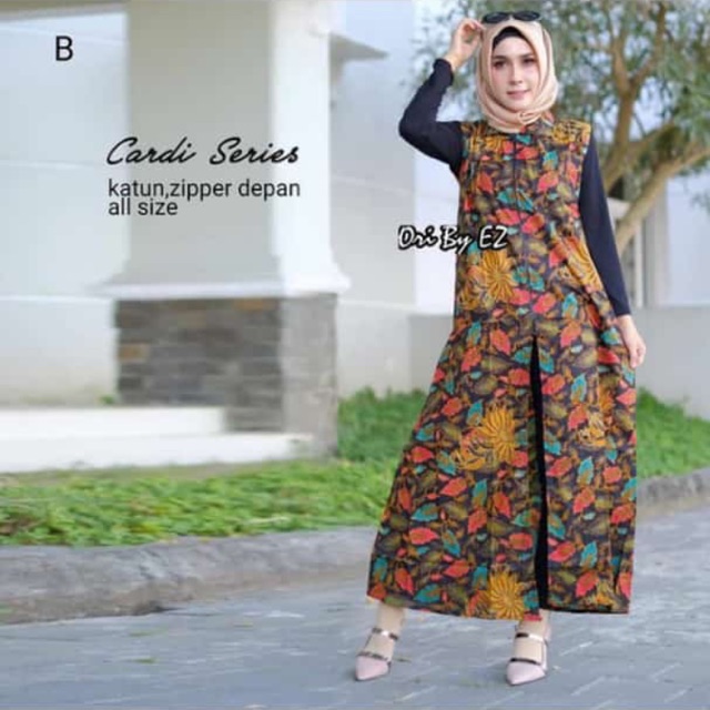 OUTER VEST CARDIGAN LONG CARDI BOLERO PANJANG TANPA LENGAN SOGAN KERAH RESLETING DEPAN HIJAB BATIK