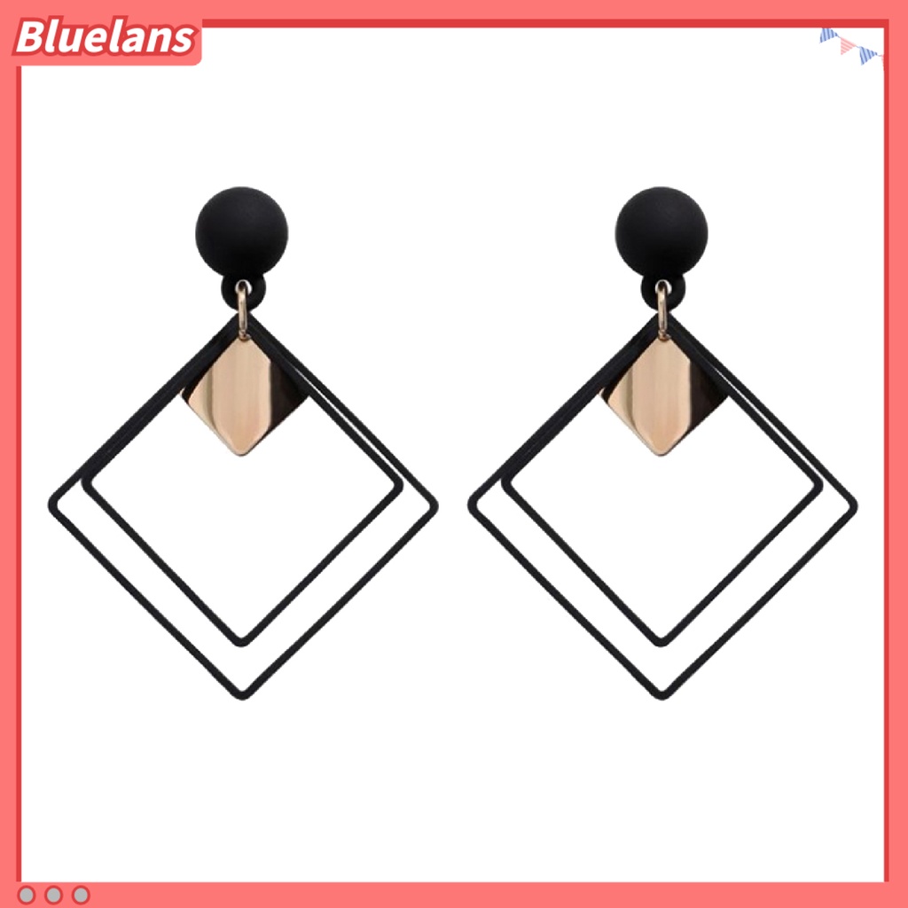 Bluelans 1 Pasang Anting Tusuk Gantung Wanita Bahan Alloy Desain Persegi Ganda Untuk Hadiah