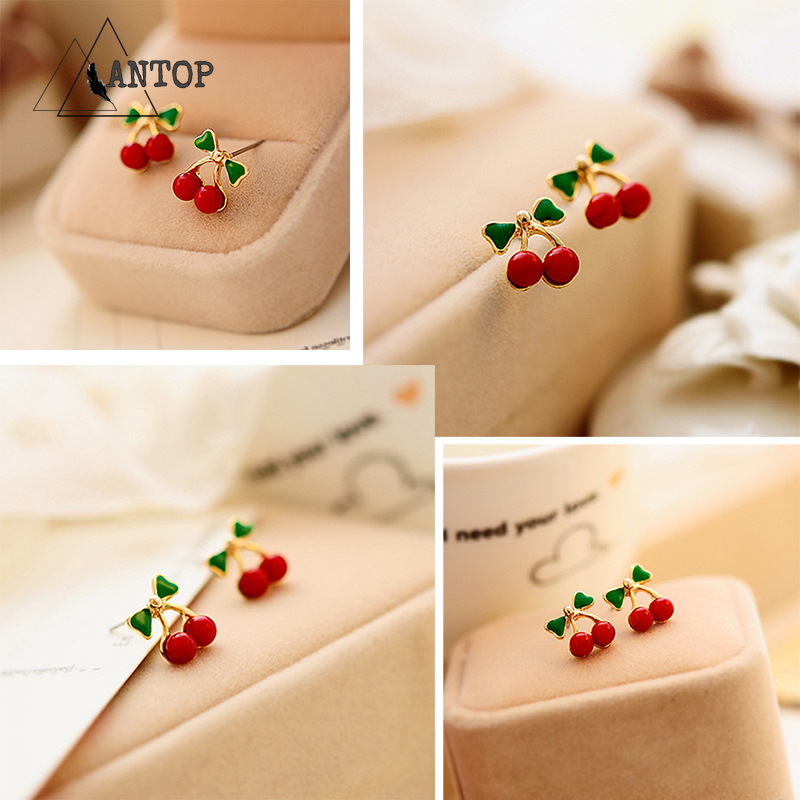 Anting Drop Oil Bentuk Cherry Warna Merah Gaya Korea Untuk Wanita