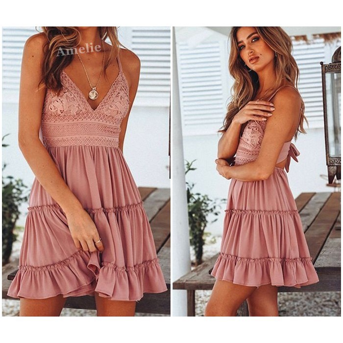 [baju wanita korea]  Sexy Summer Mini Dress Pantai Wanita Korea Import Pink Putih