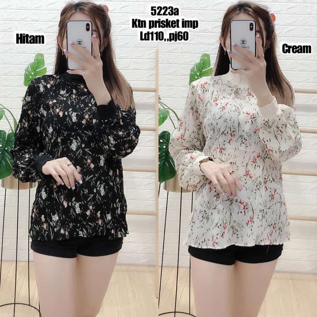 BAJU BLOUSE KATUN PLISKET IMPORT KOREA WANITA FASHION BUNGA 5223