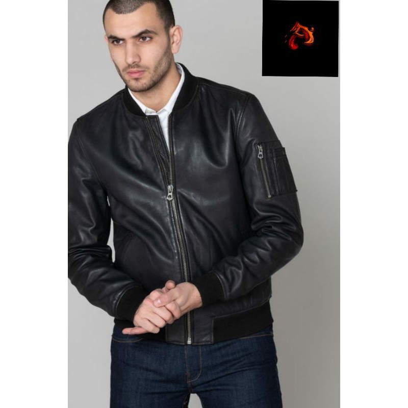 JAKET KULIT BOMBER PRIA - JAKET KULIT ASLI DOMBA GARUT - JAKET KULIT ORIGINAL MOTIF SAKU DI LENGAN K