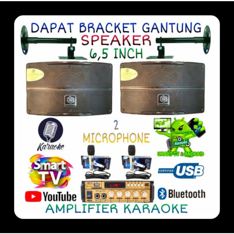 Karaoke Set Smart Tv di youtube Speaker 3R 6,5 Inch Ampli 2 Mic Kabel