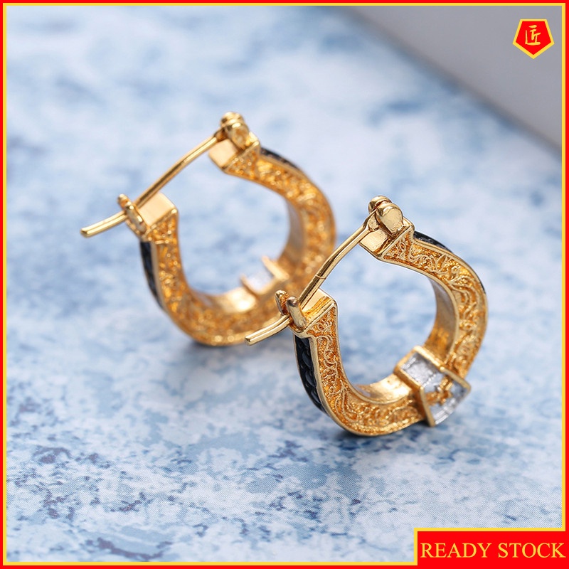 [Ready Stock]Black Diamond Earrings Denim Riding Boots Two-Tone Ear Clip